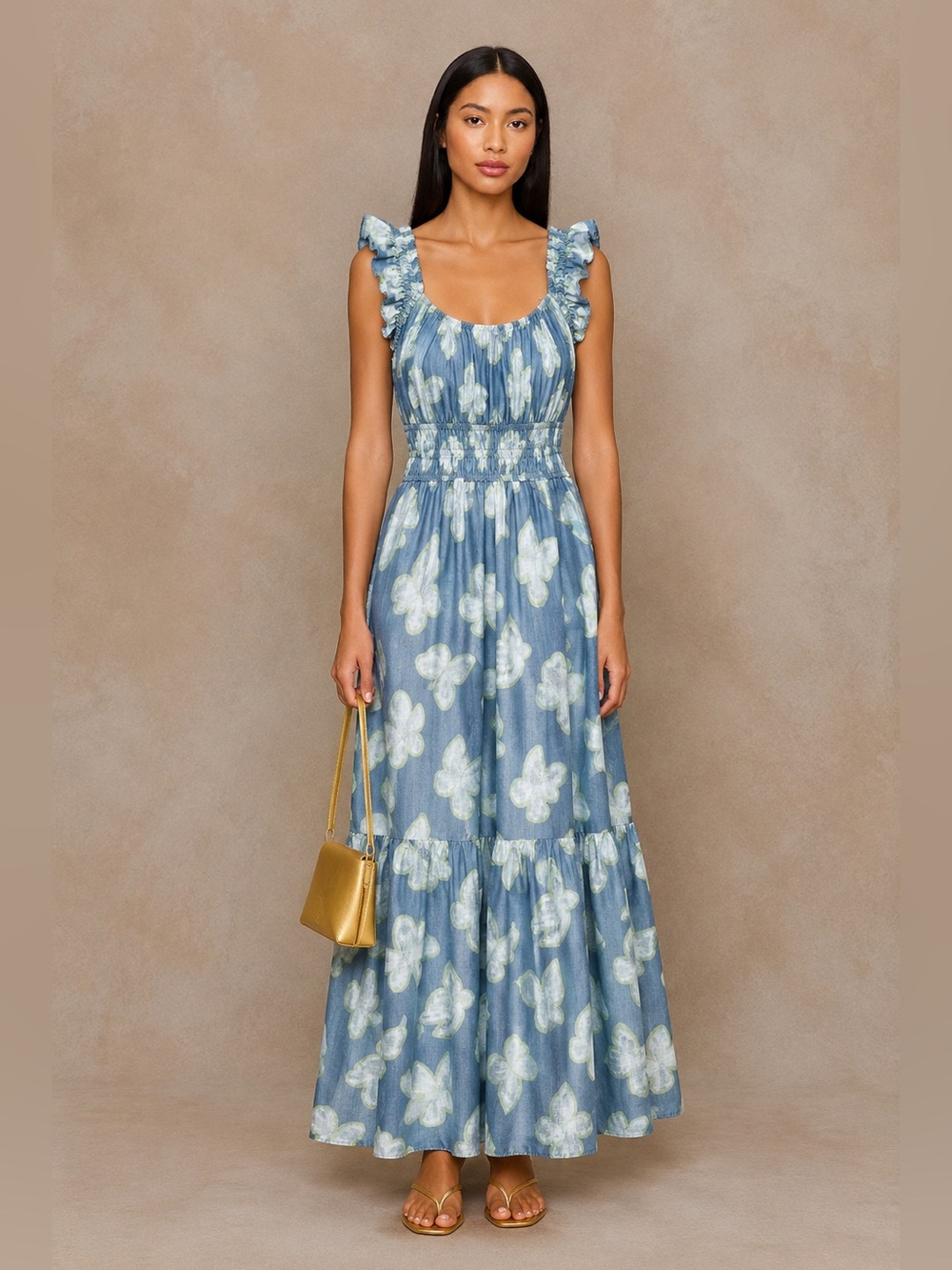 Melloday Butterfly Print Midi Dress Small Blue Tencel Smocked Waist Pockets